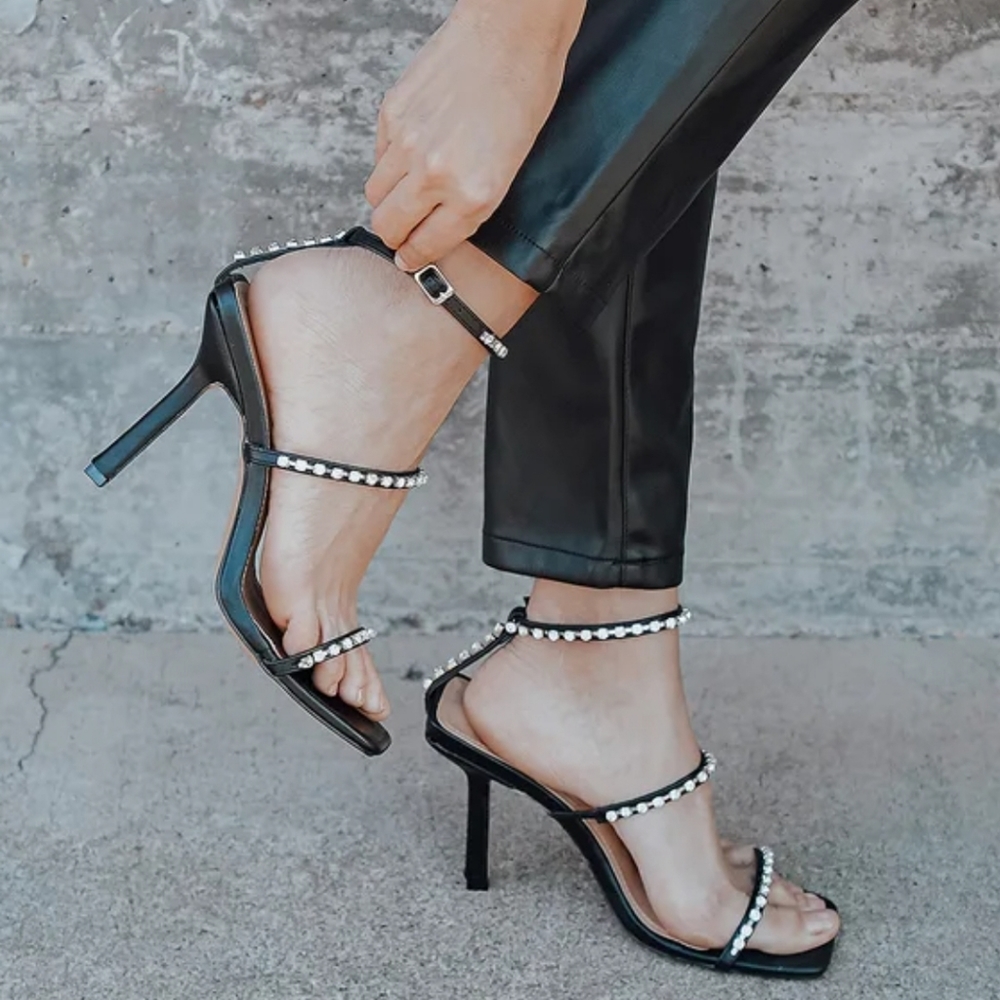 Mika Black High Heel Rhinestone Sandals